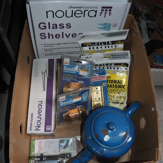 box; glass shower shelves, dead bolts, enamel teapot etc