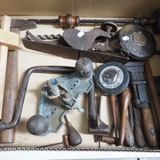 box of vintage tools; marker gauge, vintage wrenches etc