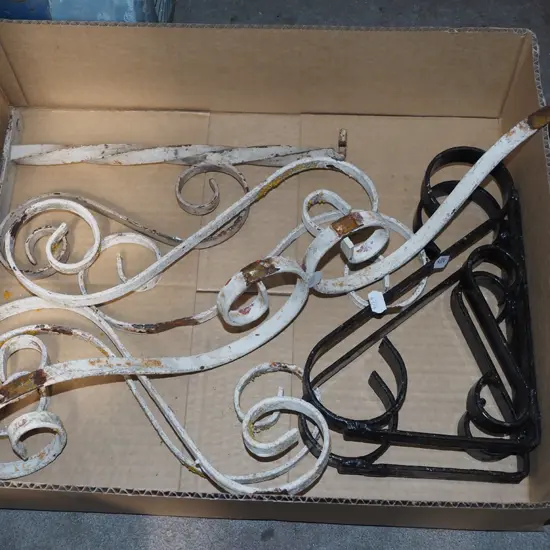box; retro wrought metal shelf brackets etc