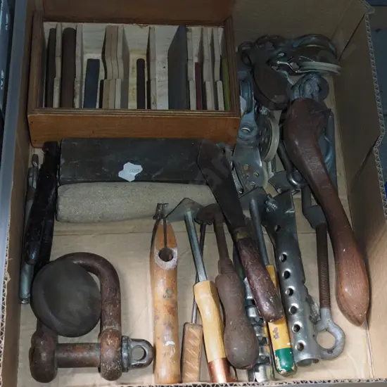 box; D shackle, paint scrapers, pulleys, sharpening stones etc
