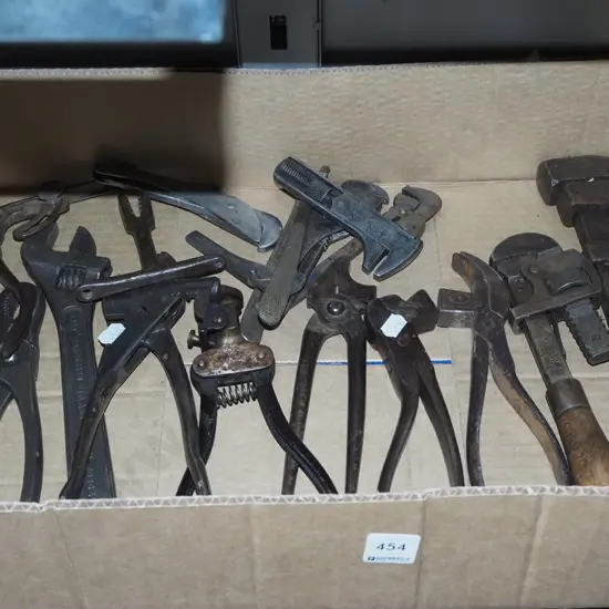 box; vintage wrenches, pliers etc