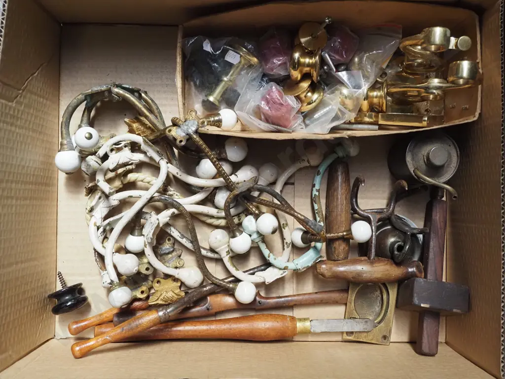 box; vintage coat hooks, brass handles, bale hooks etc Image 1++