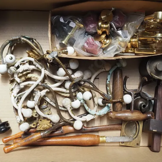 box; vintage coat hooks, brass handles, bale hooks etc