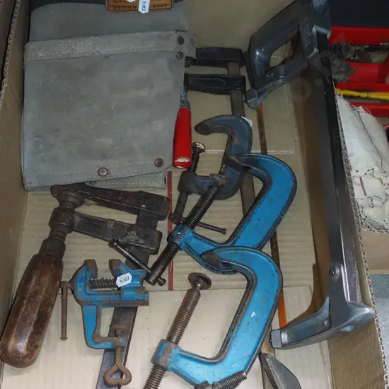 box; clamps, builder's belt, hack saw