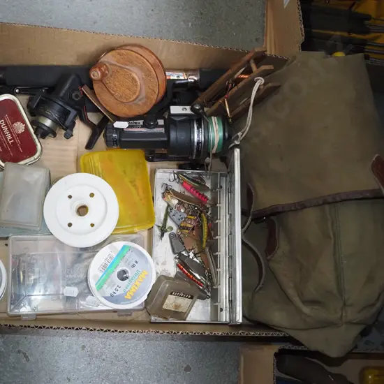 box; telescopic fishing rod, reels etc