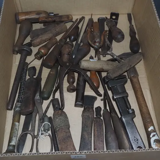 box; vintage tools, wrenches etc