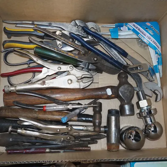 box; tow balls, vice grips etc