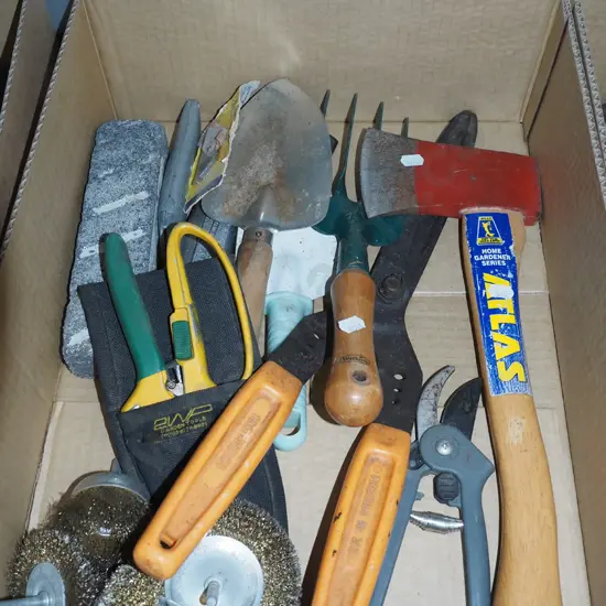box; garden shears, trowel, hatchet etc