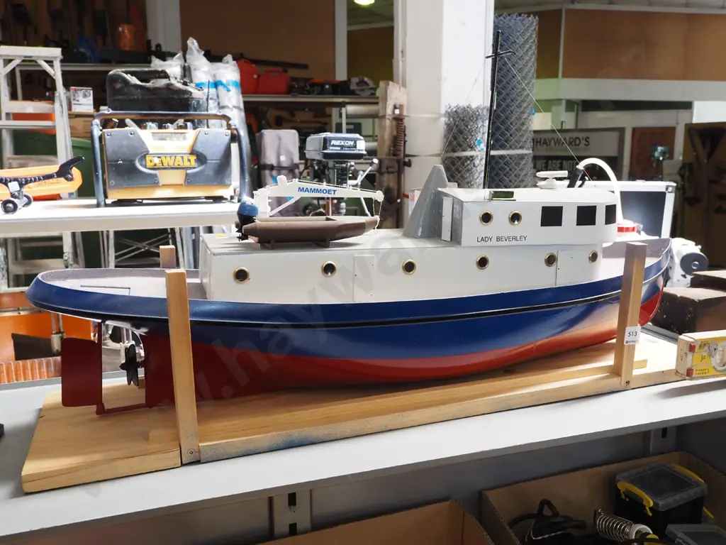 large motorised model boat - marked Lady Beverley, with crane arm and inflatable boat. Motor untested. Image 1++