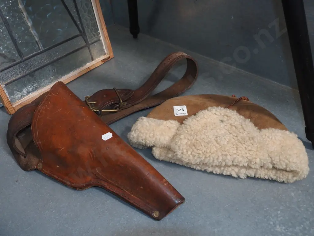 sheepskin hat, leather pistol holster Image 1++