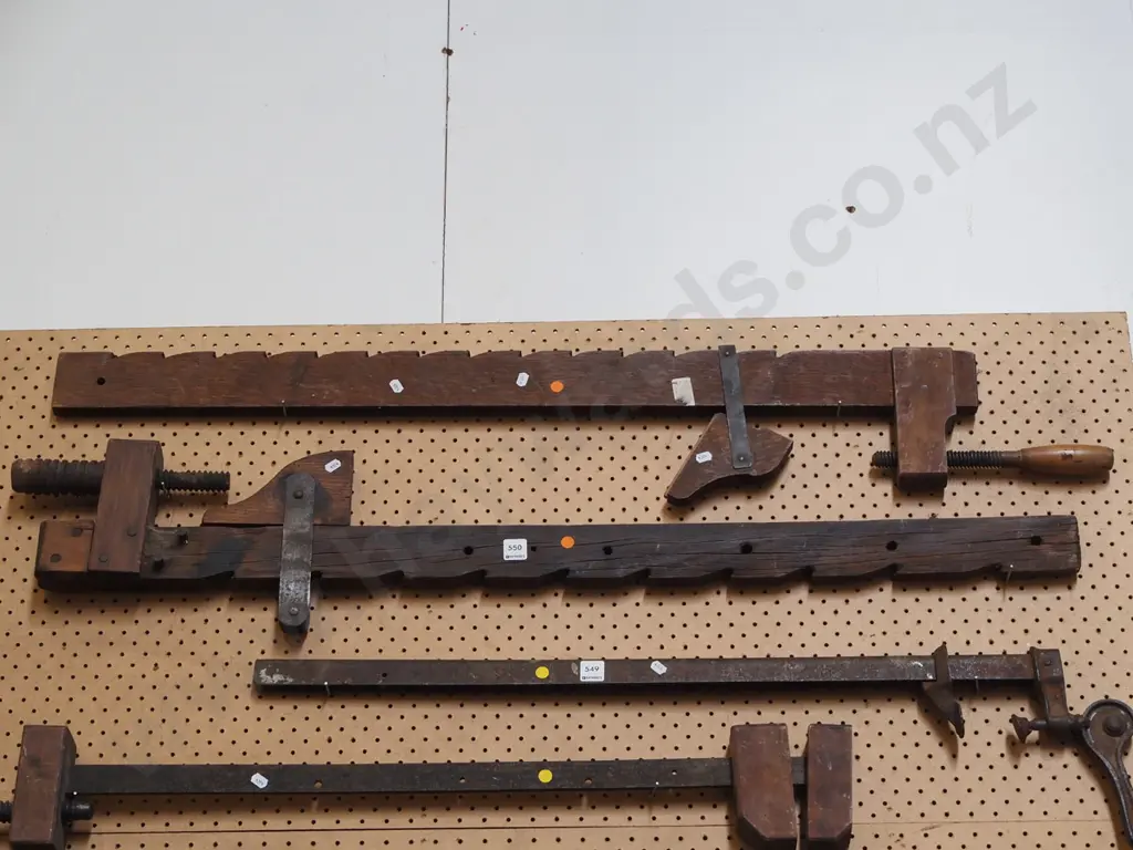 2x vintage wooden sash clamps -orange dots Image 1++