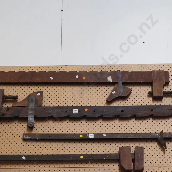 2x vintage wooden sash clamps -orange dots