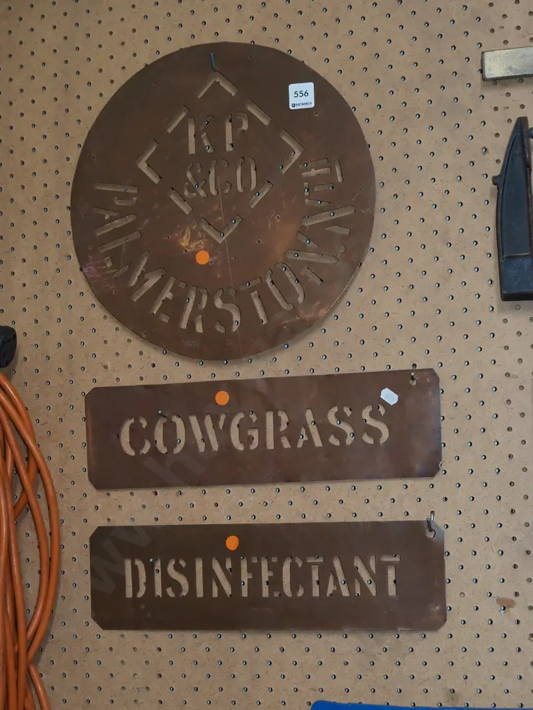 3x cut copper signs - KP & Co Plamerston, Cow Grass, Disinfectant - orange dots Image 1++