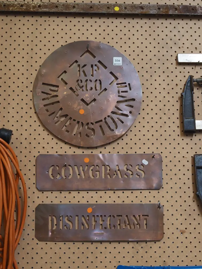 3x cut copper signs - KP & Co Plamerston, Cow Grass, Disinfectant - orange dots Image 1++
