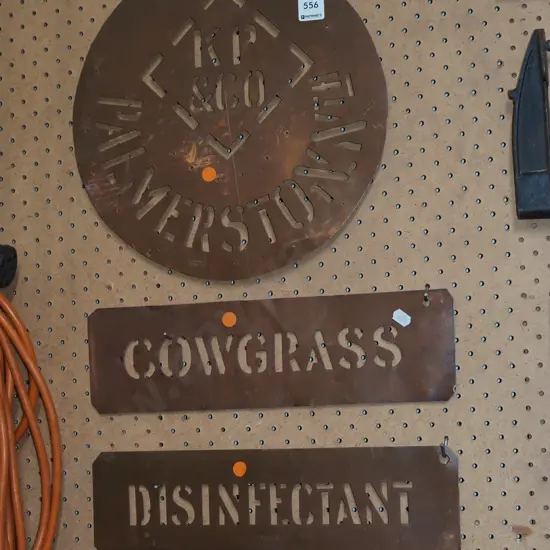 3x cut copper signs - KP & Co Plamerston, Cow Grass, Disinfectant - orange dots