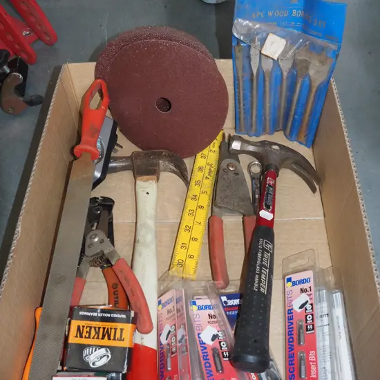 box; screwdriver bits, hammer, builder's square etc