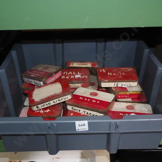 box; tobacco tins of screws, hooks, nails etc