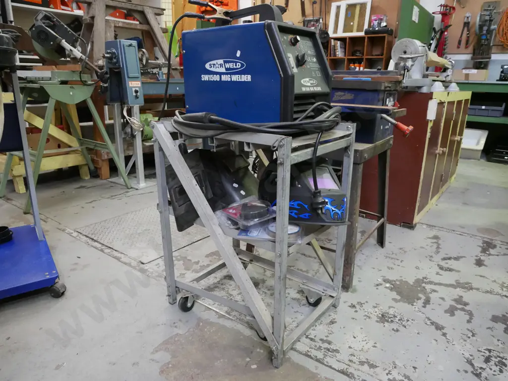 Star Weld SW1500 mig welder on homemade trolley with masks and accessories Image 1++