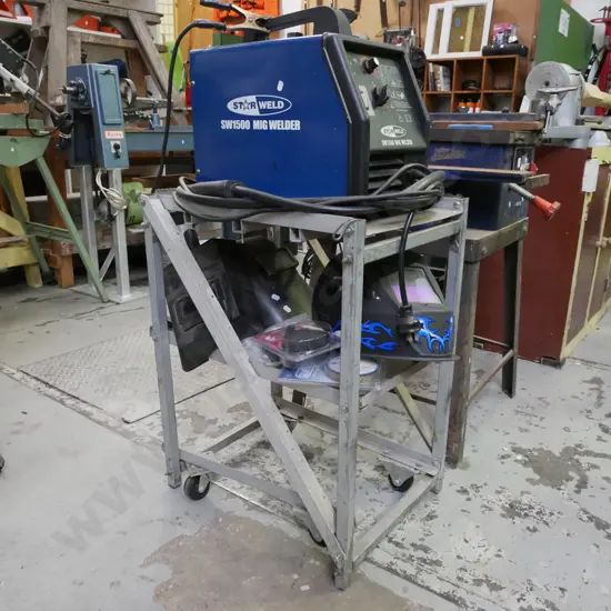 Star Weld SW1500 mig welder on homemade trolley with masks and accessories