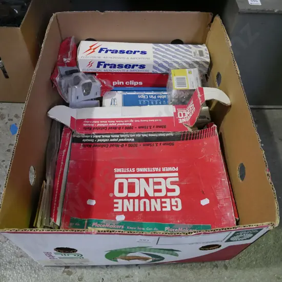 box; nail gun nails, electrical pin clips etc