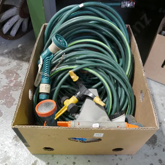 box; garden hose, sprinklers