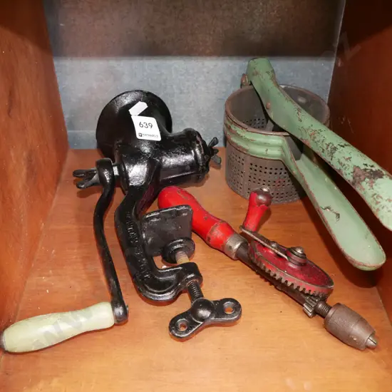 egg  beater drill, mixer, vintage press