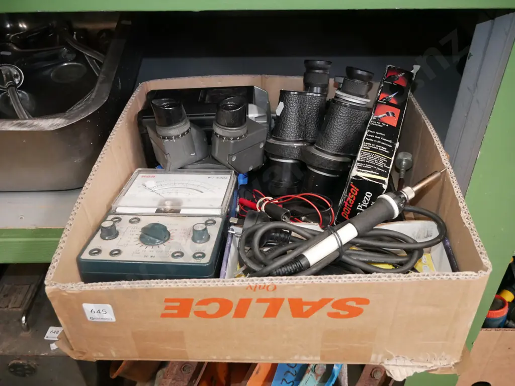 box; voltmeter, soldering iron, micrscope etc Image 1++