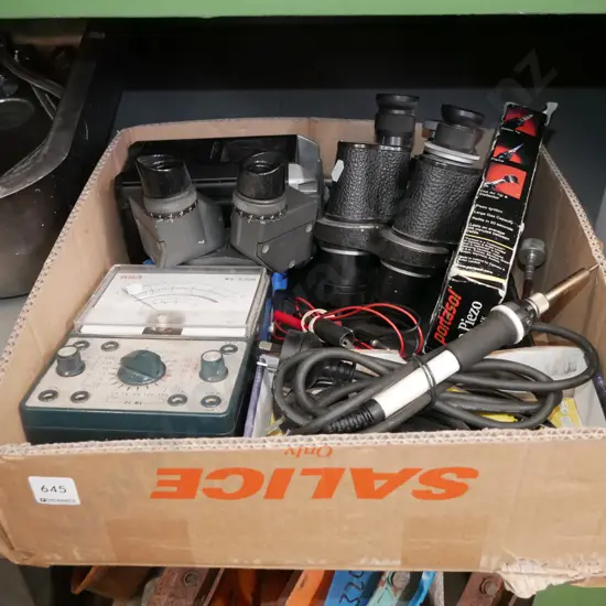 box; voltmeter, soldering iron, micrscope etc