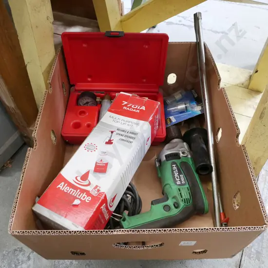 box; Hitachi drill, Snap on vacuum tester