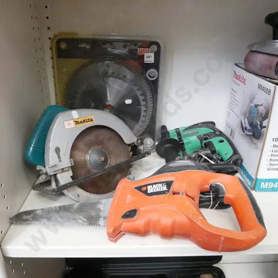 reciprocating saw, electric drill, skilsaw, various circular saw blades