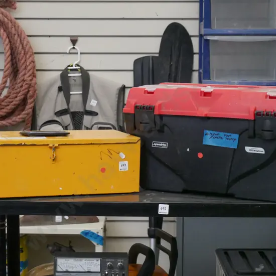yellow metal tool box, black plastic tool box - 1 missing top tray