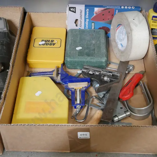 box; gib tape, builders square, allen key set etc