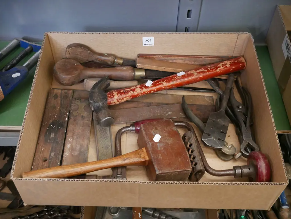 box; vintage tools, mallet, builder's square etc Image 1++