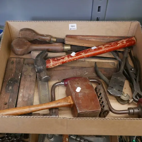 box; vintage tools, mallet, builder's square etc