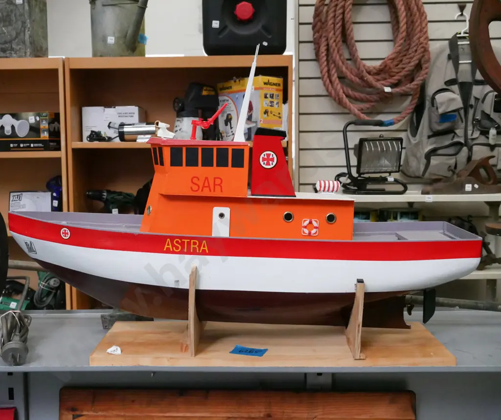 large motorised model boat - marked SAR & Astra, replica of Swedish search and rescue ship, on wooden stand, loose mast Image 1++