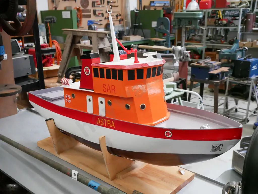 large motorised model boat - marked SAR & Astra, replica of Swedish search and rescue ship, on wooden stand, loose mast Image 1++
