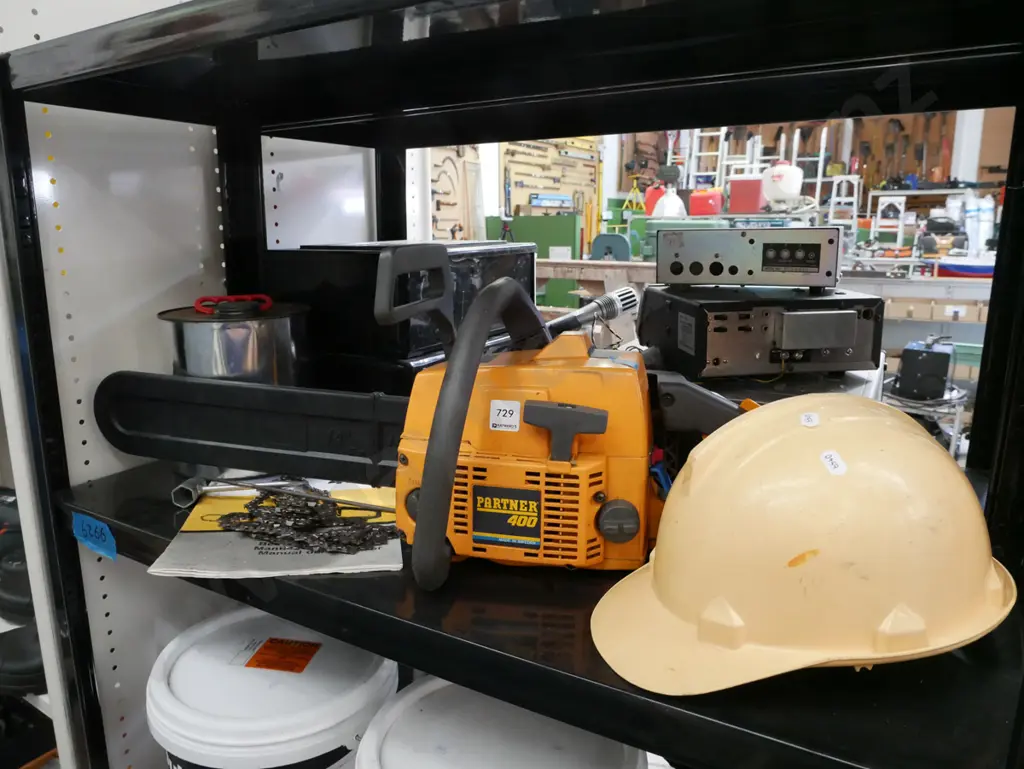 Partner chainsaw with hard hat, fuel can, chain etc Image 1++
