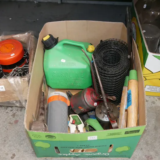 box; garden sprinkler, vintage oilers, fuel container etc