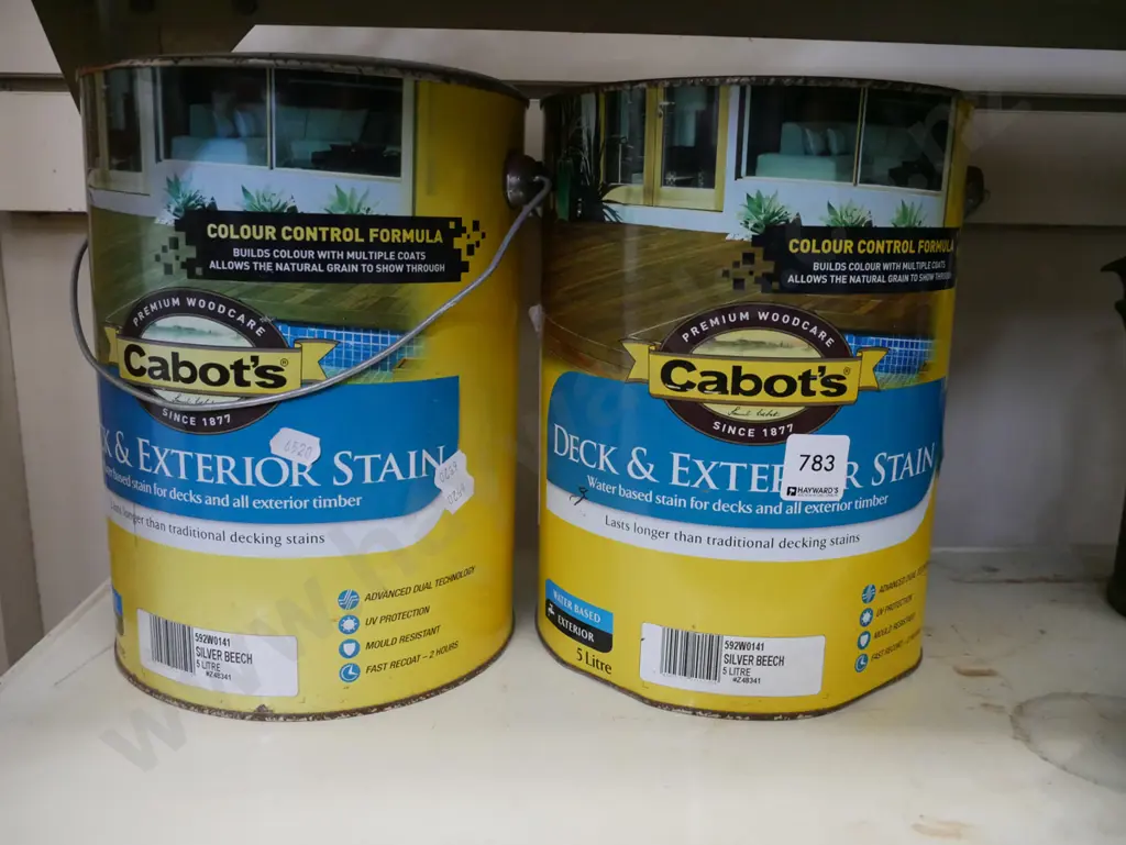 2x 5l tins of Cabotts deck and exterior stain - silver beech Image 1++