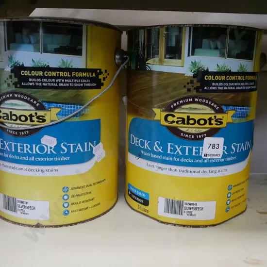 2x 5l tins of Cabotts deck and exterior stain - silver beech