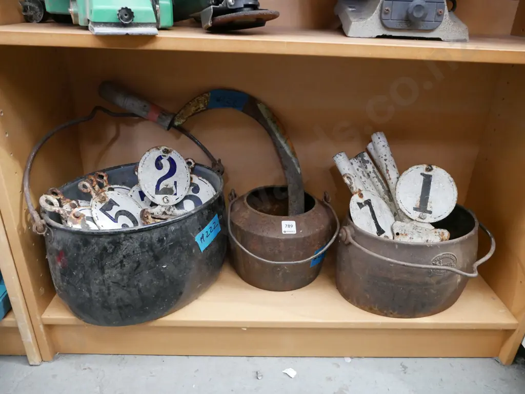 shelf; enamel boilers, glue pot, scythe, vintage enamel golf tee markers Image 1++