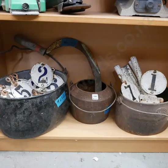 shelf; enamel boilers, glue pot, scythe, vintage enamel golf tee markers