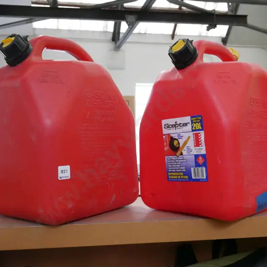 2x red plastic 20L fuel containers