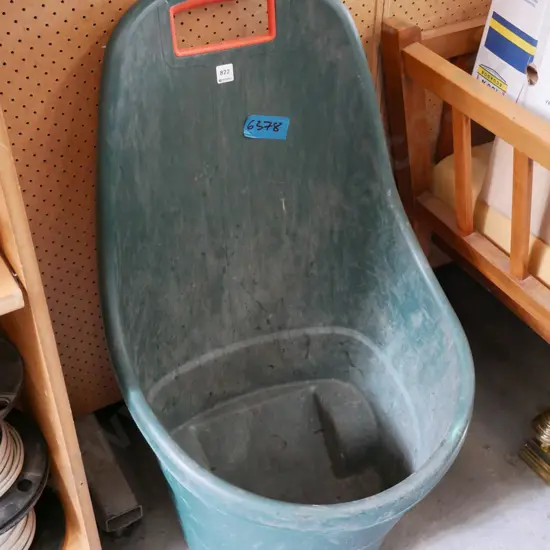 green plastic tub on wheels