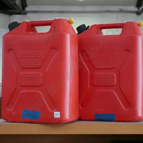 2x red plastic 20L fuel containers
