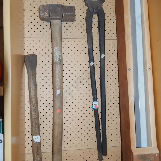 large pair of blacksmith tongs, sledge hammer - red dots