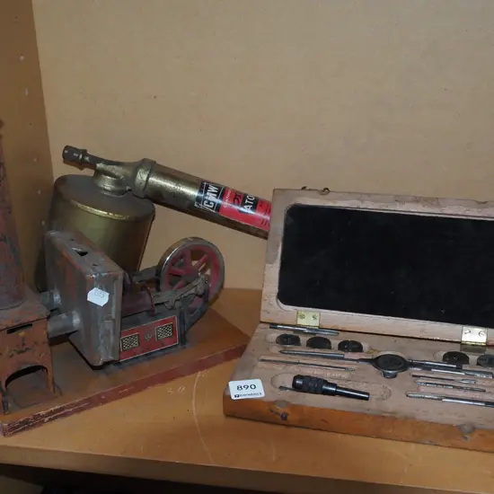 small wood cased tap and tie set, brass garden sprayer, tin steam engine