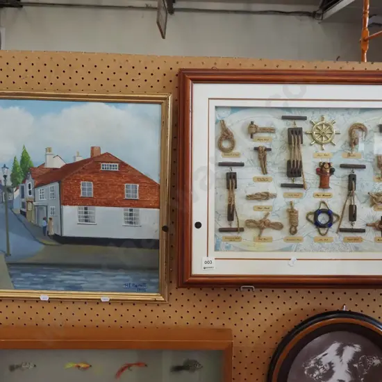 nautical themed shadow box, oil on board - street scene - black dots