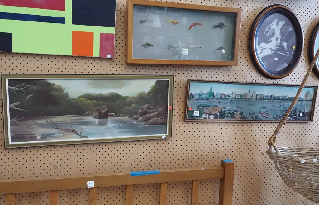 framed oil on board - Routebourne Valley, Asian print on fabric - red dots Image 1++