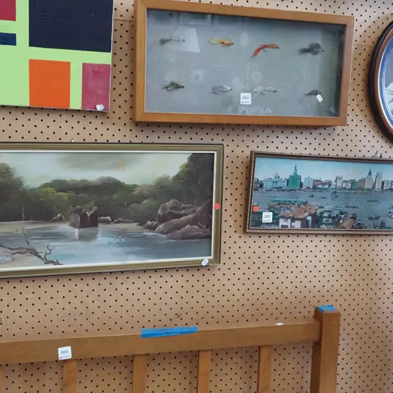 framed oil on board - Routebourne Valley, Asian print on fabric - red dots